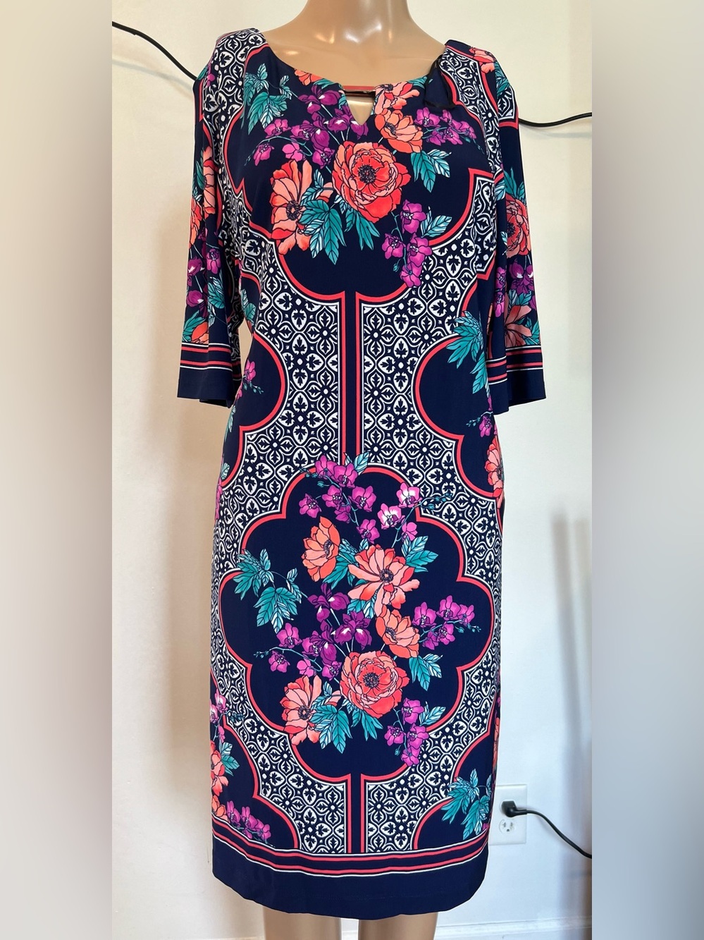 madison leigh Navy Floral Midi Dress with Pink & Teal Accents